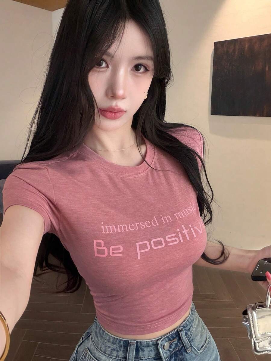 DAZY Women's Casual Printed Short Sleeve Fitted T-Shirt, Summer - Hot Pink - View 1