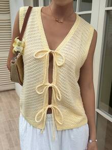 Livesso Women's Autumn Pale Yellow Front Design Lace-Up Tie-Front Cardigan Camisole Knit Top, Casual French Romantic Boho Cute Vacation Beach Style Open Front - Yellow - View 6