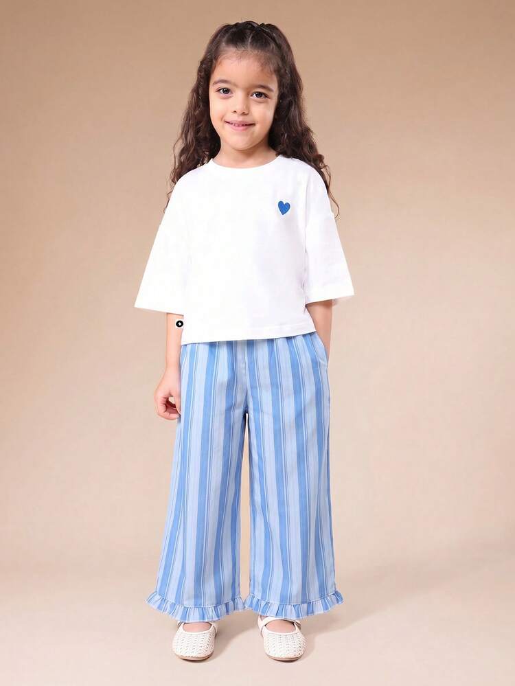 Girls LOVE Print Coordinating Set With Short Sleeve Top And Wide Leg Striped Pants