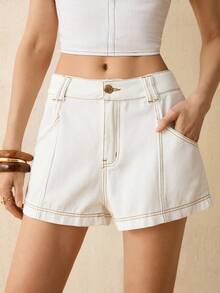 CielaLinda Quần short denim trắng có túi dành cho nữ - trắng - Xem 1