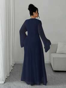 Elenzga Plus Size Women's Elegant Traditional Waist Cinched Long Sleeve Hooded Dress, Suitable For Autumn Outings, Wedding Fall Evening Formal Navy Blue - Navy Blue - View 2