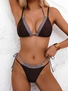 Swim Basics 女款兩件式比基尼套裝，2合1設計細肩帶，格紋與純色拼接，休閒舒適度假泳裝 - 彩色 - 查看 3