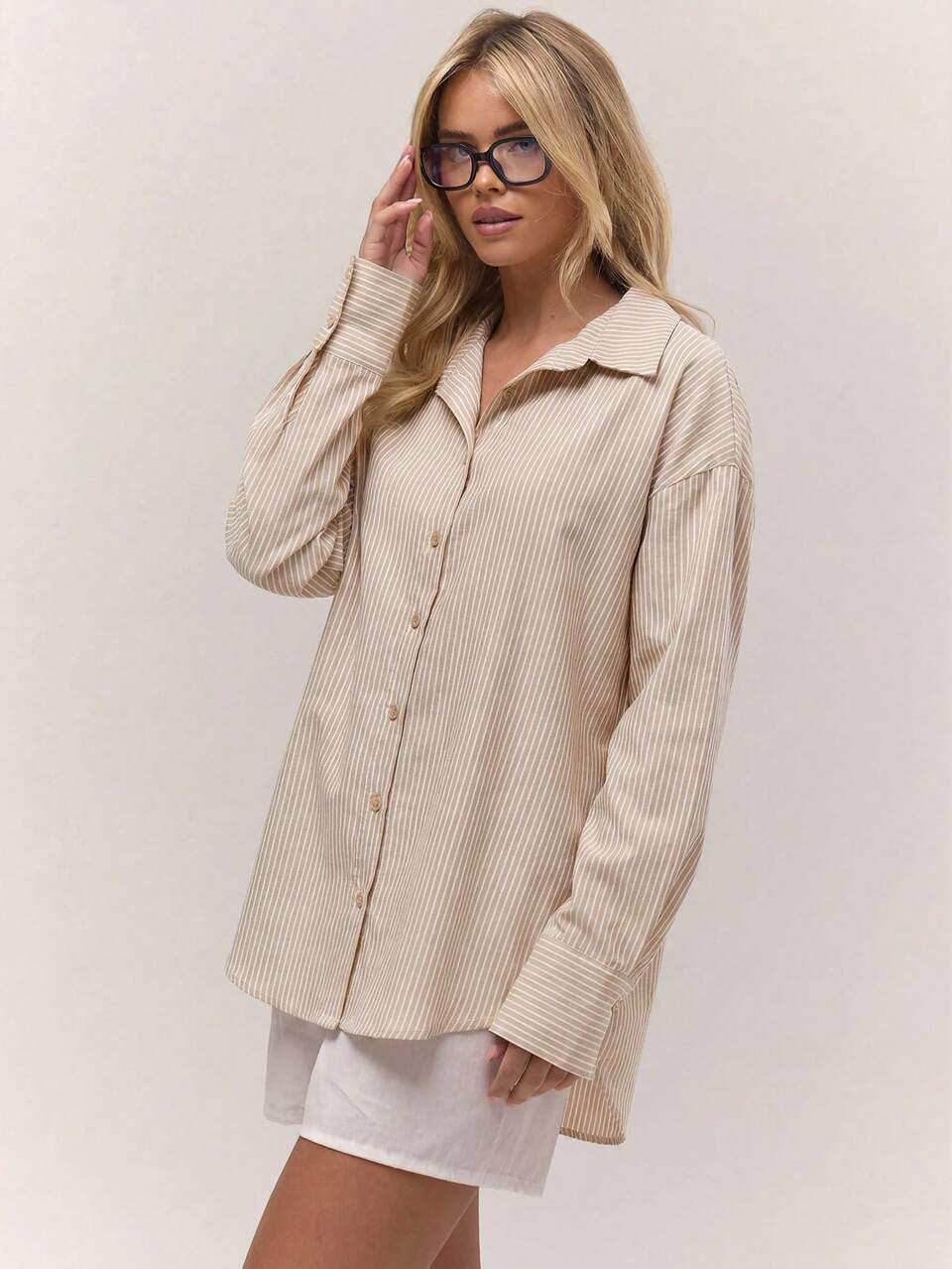 Oversized Pinstripe Button Down Long Line Beige Shirt For Women, Striped, Autumn, Casual, Office Elegant Holiday Top