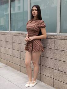 Andrea Bello Y2K 性感復古格紋度假亞文化學院風洋裝 優雅夏季 - 咖啡 - 查看 4