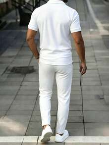 Manfinity Homme Men's Casual Turndown Collar Short Sleeve Polo Shirt And Pants, Summer Commuting Outfit - White - View 2