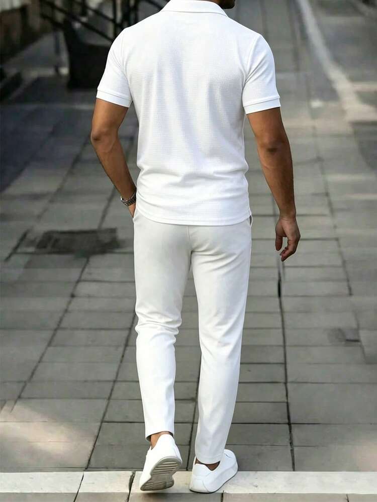 Manfinity Homme 男士休闲翻领短袖Polo衫和长裤，夏季通勤套装 - 白色 - 查看 2