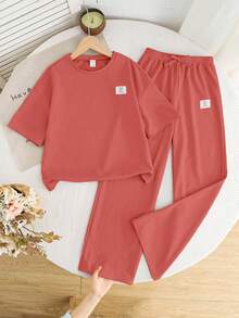 SHEIN 少女宽松休闲舒适圆领短袖T恤和裤子两件套 - 粉色 - 查看 4