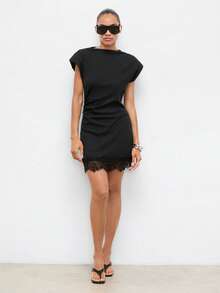Maija Summer Black Elegant Date Night Ribbed Short Dress,Lace Patchwork Cinched Waist Fitted Urban Elegant Vibe For Women Party Cocktail Wedding Guest - Black - View 9