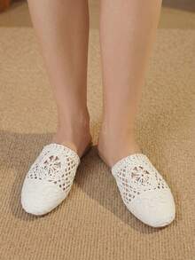 Styleloop Giày bệt nữ mũi tròn đế bằng màu trắng dệt hở gót, giày bít mũi kiểu mule, sandal phong cách boho, phù hợp đi chơi, đi nghỉ mát, hẹn hò hàng ngày, đi biển, du lịch, phong cách thường ngày, giày bệt nữ. - trắng - Xem 3
