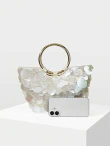 MOTF Bolso de mano de moda para mujer con perlas y lentejuelas, asa redonda, bolso semicircular exquisito, brillante y sencillo, adecuado para citas y fiestas, vacaciones de verano, viajes, , playa, bohemio, a juego - Lentejuelas Blancas - Ver 5