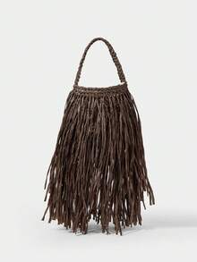 SHECARRY Ladies, Women Top Handle Bags , Fashionable, Simple, Elegant, Versatile, Straw,Tassel,For Beach,Vacation,Holiday,Summer, Seaside - Coffee Brown - View 2