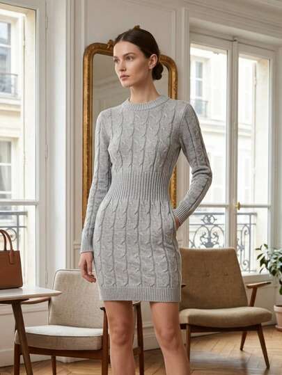 Vestido Suéter para Mujer con Diseño de Tejido de Punto y Patrón de Trenzas Clásico - Prenda de Abrigo de Manga Larga con Textura de Relieve y Cuello Protector - Ropa de Invierno con Ajuste Favorecedor y Acabado de Alta Calidad - Vestido Tejido de Punto Grueso con Detalles de Ochos y Puños Acanalados para Uso Diario y Profesional - Indumentaria Sofisticada con Tacto Suave y Confort Térmico Superior - Diseño Atemporal de Calidad Profesional - Estética Pulcra y Elegante - Pieza de Punto Duradera