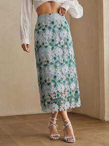Anewsta Elegant Romantic Contrast Color Lace Voile Vacation, Date, Commute Waist-Cinched Straight Skirt For Women, Spring/Summer - Multicolor - View 6