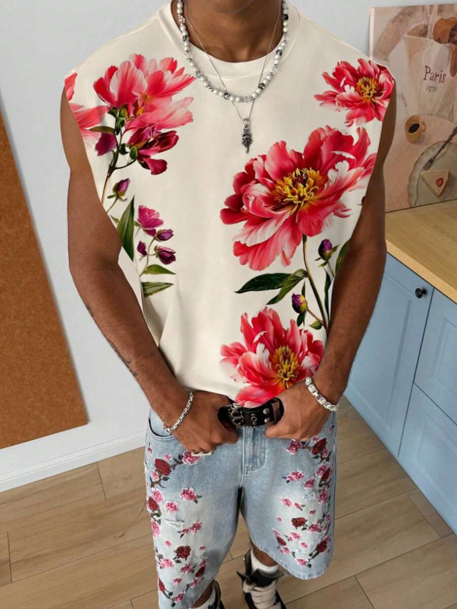 STEELVANCE 男士印花无袖圆领背心 - 杏色 - 查看 1