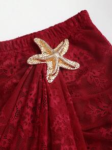 Sweetra Rok Mini Bodycon Lipit Wanita Elegan Seksi dengan Hiasan Renda, Patchwork, Hem Bergelombang Asimetris, dan Dekorasi Logam - Merah - View 3