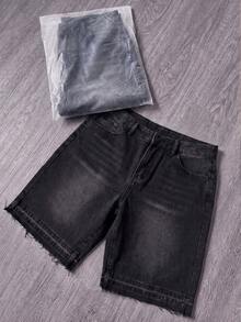 Manfinity Roughcore Men's Casual Pocketed Button Denim Shorts, Versatile For Daily Wear - Black - View 3