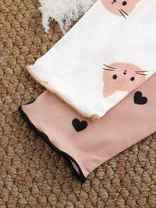 SHEIN 2pcs/Set Baby Girls' Spring/Autumn Outfits, Pink Kitty Cartoon All-Over Print Round Neck Long Sleeve With Ruffle Shoulder Design Paired With Pants, Heart Print Round Neck Long Sleeve With Ruffle Shoulder Design Paired With Pants, 4pcs Set, Comfortable & Cute Casual Wear - Multicolor - View 6