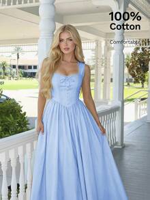 SHEIN MOD Yellow Cotton Button Trim Square Collar Dress - Blue - View 1