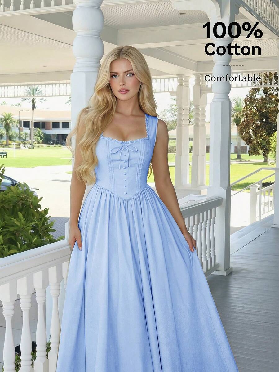 SHEIN MOD Yellow Cotton Button Trim Square Collar Dress - Blue - View 1