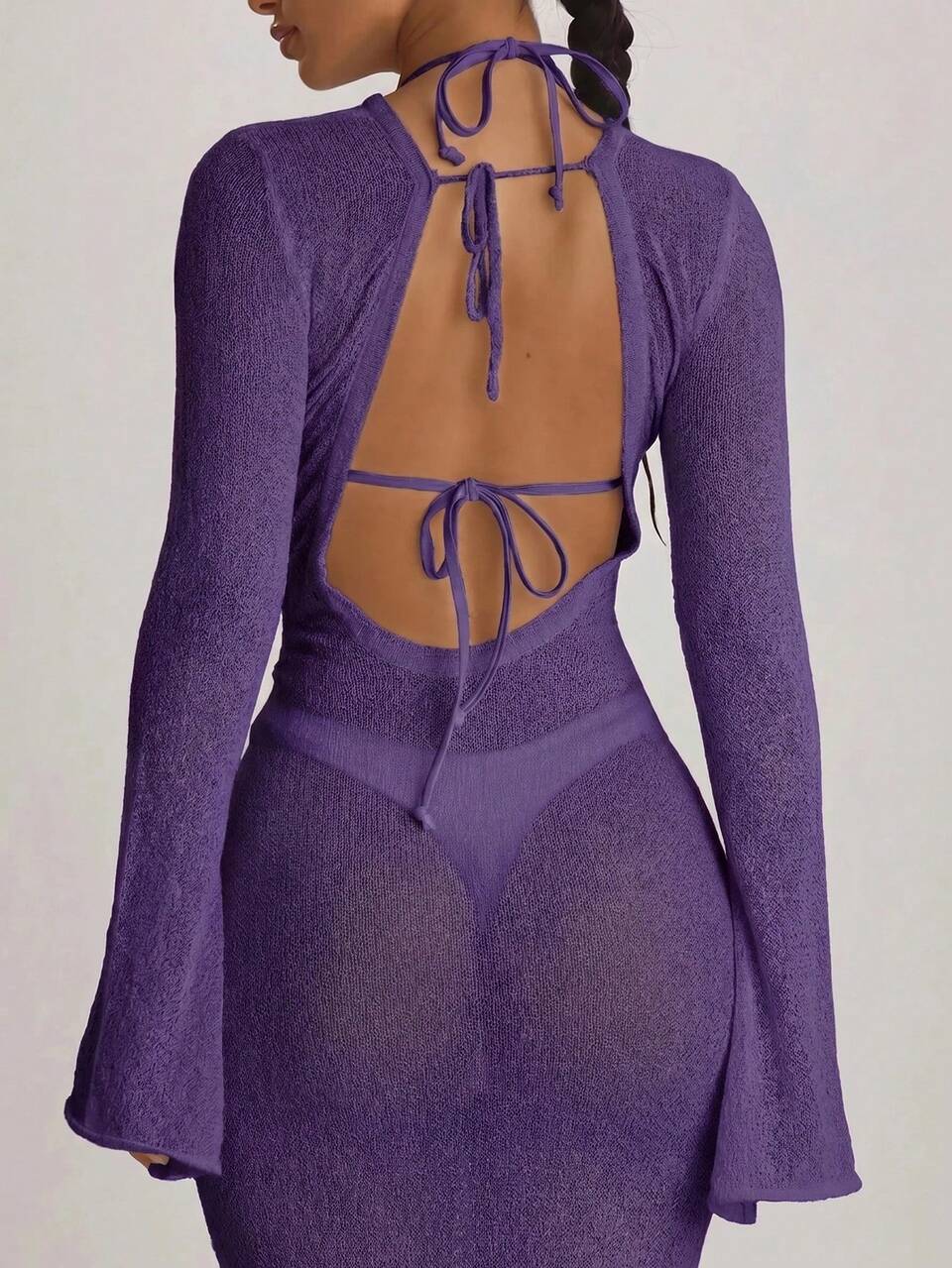 Purple Semi Sheer Knit Maxi Scoop Back Knit Cover Up Dress