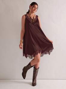 Freevana Vestido de talla grande de unicolor con parches de encaje - Burdeos - Ver 1