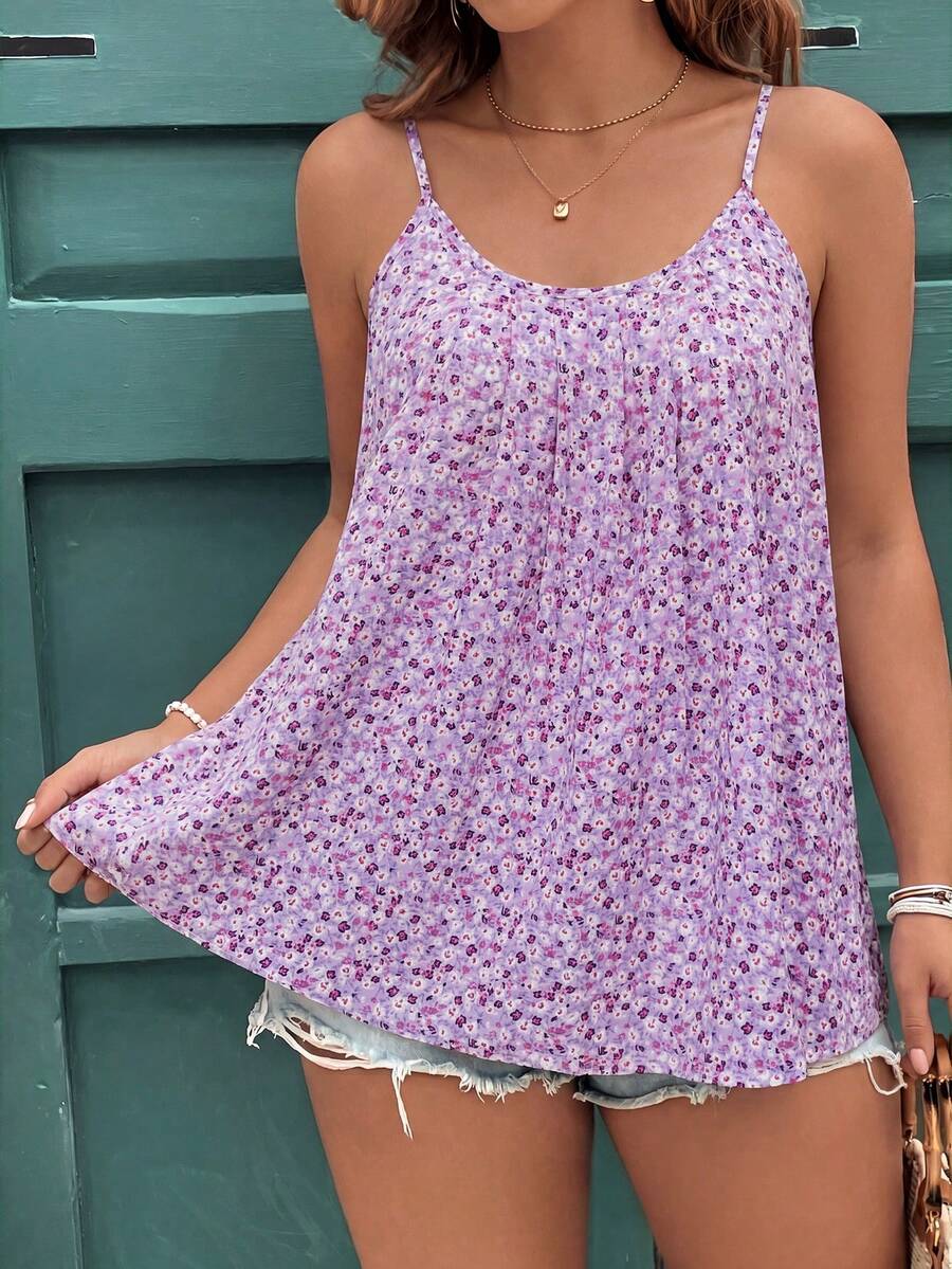 SHEIN Clasi Kamisol Motif Bunga Kecil Warna Pink untuk Wanita Ukuran Besar di Musim Panas - Mauve Purple - View 1
