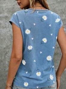 EMERY ROSE Women's V-Neck Cap Sleeve T-Shirt, Retro Daisy Flower Print, Casual & Comfortable, Fashionable & Versatile - Multicolor - View 2