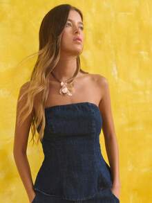 Nöista Áo corset dáng peplum chất liệu denim với cổ áo không dây; chất liệu bền chắc, thoáng khí; trang phục lý tưởng cho phụ nữ đi biển và những dịp lễ hội tự hào đồng tính; món đồ thiết yếu đa năng cho mùa hè. - Rửa tối - Xem 3