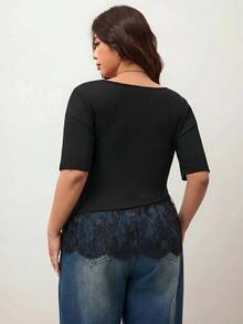 Enliva Áo thun nữ size lớn dáng rộng, áo thun ngắn tay thường ngày viền ren, dành cho dáng người quả táo và tròn trịa - màu đen - Xem 2
