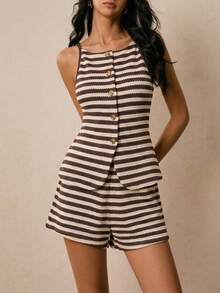Poéselle Women's Casual Striped Camisole And Shorts 2 Pieces Set - Brown - View 3