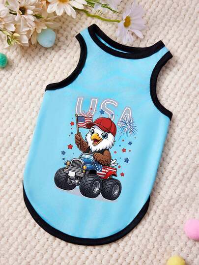 PETSIN 1 chiếc áo tank top cho thú cưng in hình gà con dễ thương lái xe hơi, chữ "Star" và chữ "USA", phối đen và xanh dương, kiểu dáng thường ngày, mềm mại, thoáng khí, chống rụng lông.