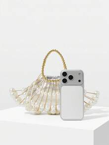 MOTF LADIES HANDBAG, PEARL HANDMADE DINNER BAG - Beige - View 4