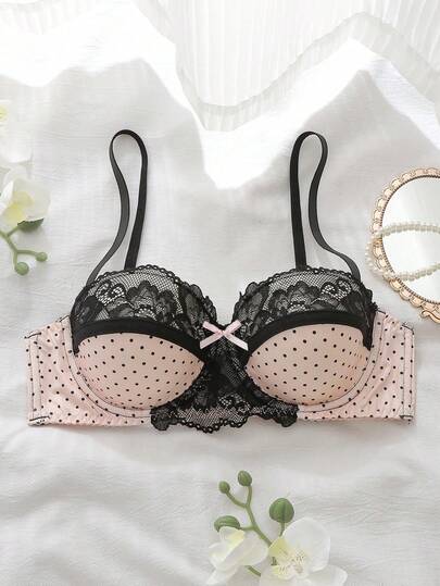 DelicateAllure Everyday Versatile Polka Dot Contrast Lace Bra, Underwire Supportive Comfortable Lingerie, 1pc Push Up Bra And Panty Sets Push Up Bra Lace Lingerie For Women Adult Push Up Lingerie Push Up Bras For Women