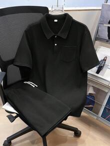 SHEIN Bộ 2 món cho bé trai tuổi teen, áo polo tay ngắn cổ bẻ dáng rộng, màu trơn, trang phục thường ngày thoải mái để đi làm, đi học, chơi thể thao, phù hợp cho mùa xuân/hè. - màu đen - Xem 3