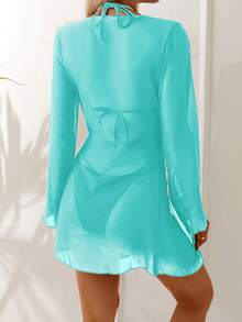 Swim Basics 女士纯色七分袖防晒沙滩度假和服罩衫 - 薄荷綠 - 查看 2