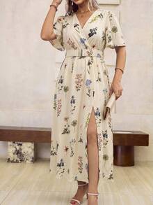 Roveilla Plus Size Women's Beige Boho Allover Print Maxi Dress,Ruffled Short Sleeves,Side Slit,High-Low Hemline,Summer Vacation Holiday Fashionable Outfit - Apricot - View 5