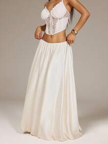 SHEIN PETITE Chân váy chữ A đơn giản xếp ly bằng vải satin màu be dành cho nữ. - Màu be - Xem 5