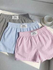 Veykashi 3件套加大码女式夏季休闲度假日常通勤条纹印花装饰弹力腰短裤 - 彩色 - 查看 4