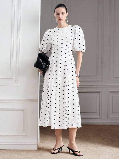 Aveloria Modichic Summer Black & White Polka Dot Print Round Neck Petal Sleeve Waist Split Princess Seam Patchwork Flared Skirt Dress, French Retro Romantic Elegant Sophisticated Work/Party/Wedding/Casual/Vacation Versatile