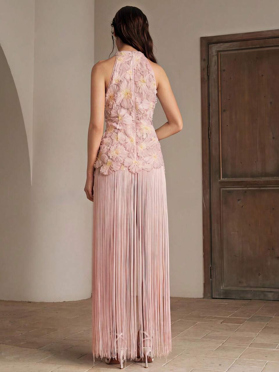 Anewsta Women's Summer Romantic Beach Outfit, Heavy Craft Jacquard Beaded Tassel Patchwork Asymmetrical Halter Neck Pink Cover-Up Dress, Suitable For Vacation, Party, Beach Party, Beach Outfit, Vacation