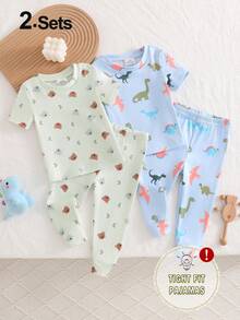 4件套/套 贴身款幼儿男童恐龙字母印花短袖睡衣套装，舒适柔软面料，休闲可爱又时尚，适合热爱恐龙的小男孩 - 彩色 - 查看 5