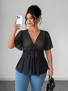 Elenzga Áo kiểu nữ cỡ lớn thanh lịch màu đen chấm bi hoa văn bằng vải chiffon, vạt xoắn, đa năng, thích hợp mặc đi làm, áo chiffon mùa xuân/hè, áo màu xanh lá cây, phù hợp cho lễ tốt nghiệp, Ngày Valentine, lễ hội âm nhạc, Ngày của Mẹ, Halloween, Lễ Tạ ơn, Lễ Phục sinh, Ngày Quốc khánh, dạ hội, tiệc hẹn hò, mùa cưới, các chuyến đi dã ngoại. - màu đen - Xem 1