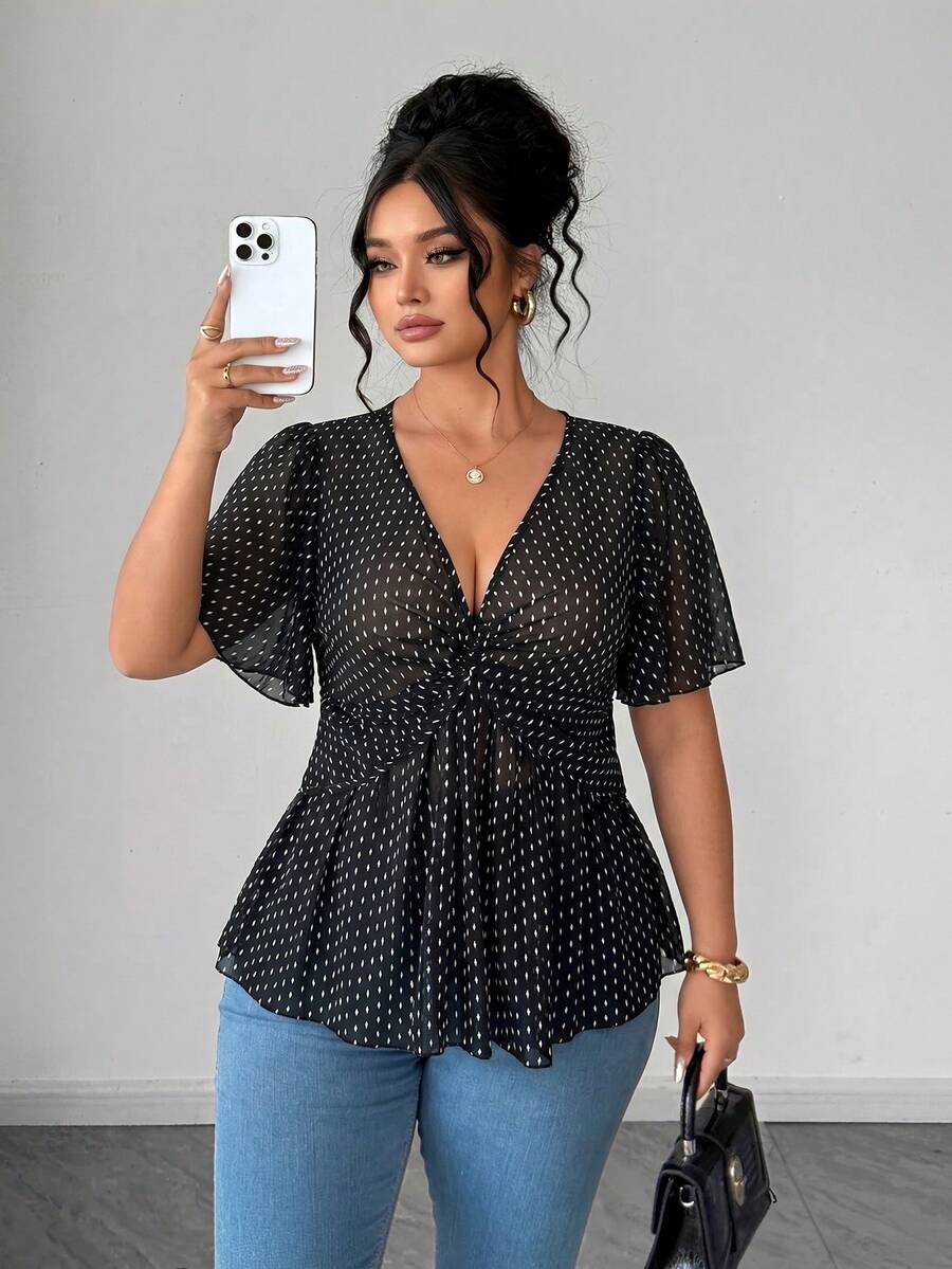 Elenzga Áo kiểu nữ cỡ lớn thanh lịch màu đen chấm bi hoa văn bằng vải chiffon, vạt xoắn, đa năng, thích hợp mặc đi làm, áo chiffon mùa xuân/hè, áo màu xanh lá cây, phù hợp cho lễ tốt nghiệp, Ngày Valentine, lễ hội âm nhạc, Ngày của Mẹ, Halloween, Lễ Tạ ơn, Lễ Phục sinh, Ngày Quốc khánh, dạ hội, tiệc hẹn hò, mùa cưới, các chuyến đi dã ngoại. - màu đen - Xem 1