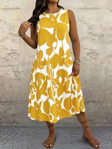 SHEIN LUNE CURVE Plus Size Round Neck Sleeveless All-Over Print Loose Casual Summer Dress - Yellow - View 7