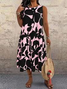 EMERY ROSE Plus Size Floral Print Round Neck Sleeveless Summer Dress - Pink - View 5
