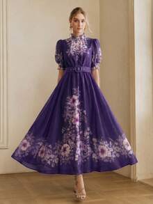 Anewsta Spring Summer Dark Purple Premium Floral Print Short Sleeve Waist-Cinching Tie-Up Long Dress For Women Wedding Party Date Romantic Casual - Bold Plum - View 6