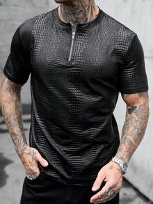SLATEMANN Men's Textured Quarter Zip Short Sleeve T-Shirt, Holiday - Black - View 3