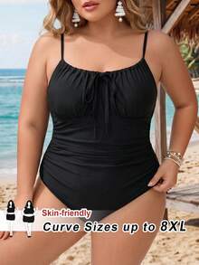 SHEIN CURVE+ Plus Size Solid Color Spaghetti Strap Tie Front One-Piece Swimsuit Beach Vacation White Summer Sexy - Black - View 4