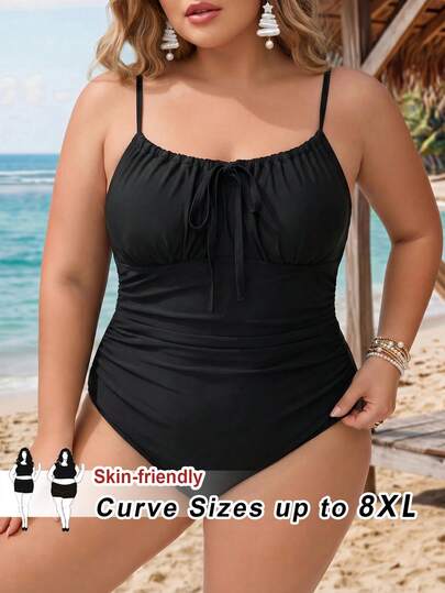 SHEIN CURVE+ بدلة سباحة قطعة واحدة بحمالات رفيعة وربطة أمامية، لأحجام كبيرة