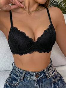 DesireSculpt 1pc Thick Cup Comfortable Lace Underwire Bra, Elegant Lift & Support For Small Bust Women - Black - View 5